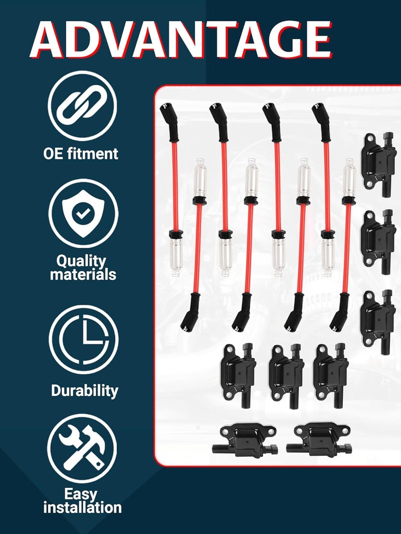 Ntoauto UF413 Ignition Coil with 41962 Spark Plug & 8mm 48322R Spark Plug Wires Compatible with Canyon Tahoe LaCrosse Escalade Express Savana Silverado SSR Yukon CTS 4.8L 5.3L 6.0L 6.2L 748UU - Image 5